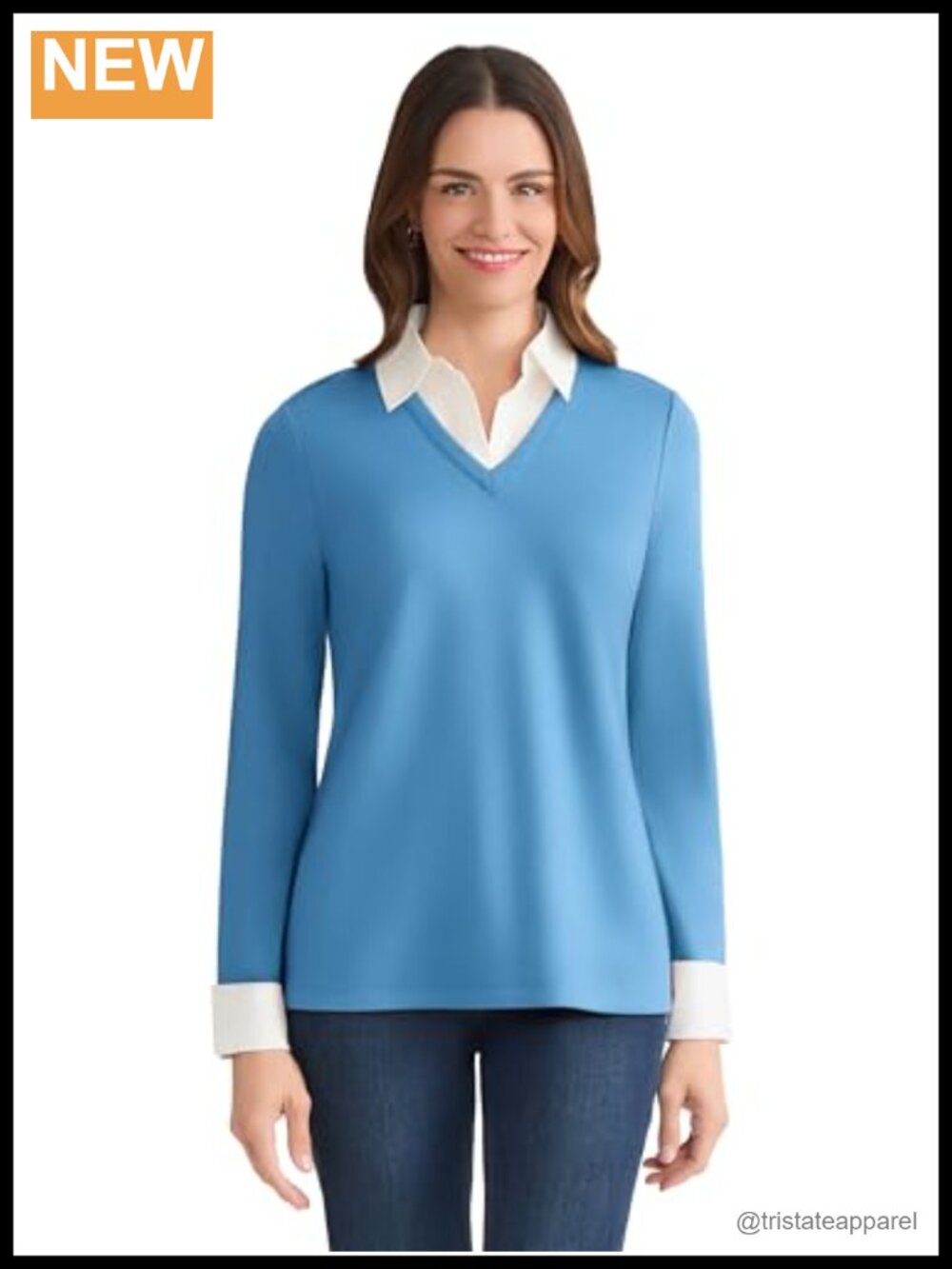 Plus Size Long Sleeve Knit Top with Poplin Collar